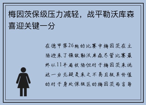 梅因茨保级压力减轻，战平勒沃库森喜迎关键一分